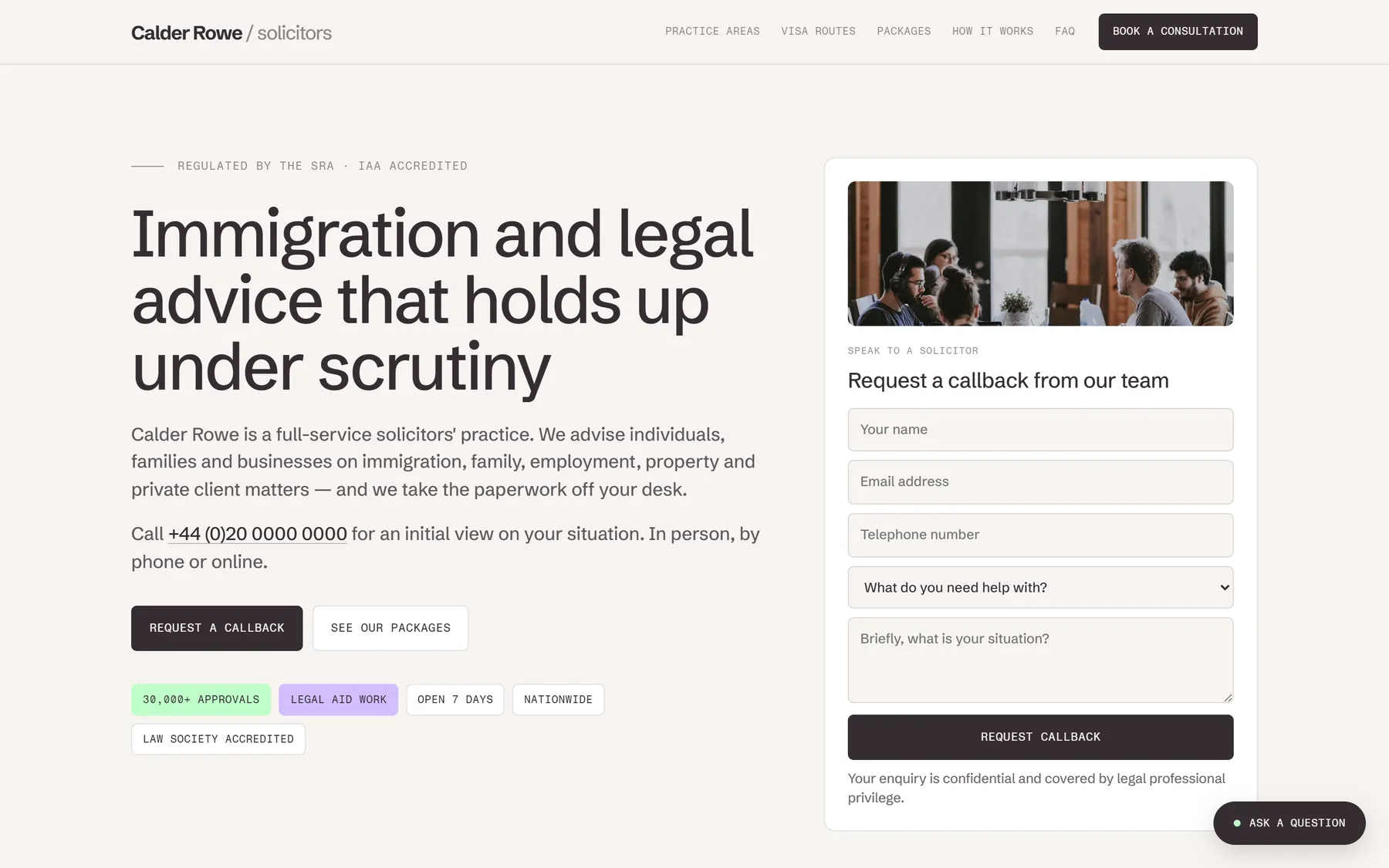 Calder Rowe home page with the headline beside a callback request form