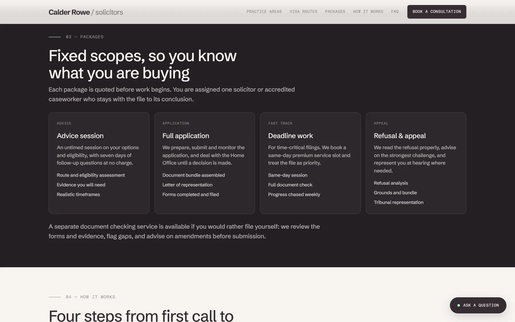 Four fixed-scope packages: advice session, full application, deadline work, refusal and appeal